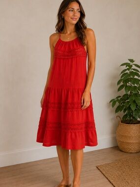 ASOS Red Tiered Crochet-Trim Midi Dress